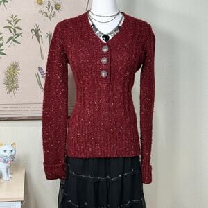 Vintage 90s Y2k Cable Knit 1/4 Button Sweater Forest Whimsigoth Fairy Grunge S